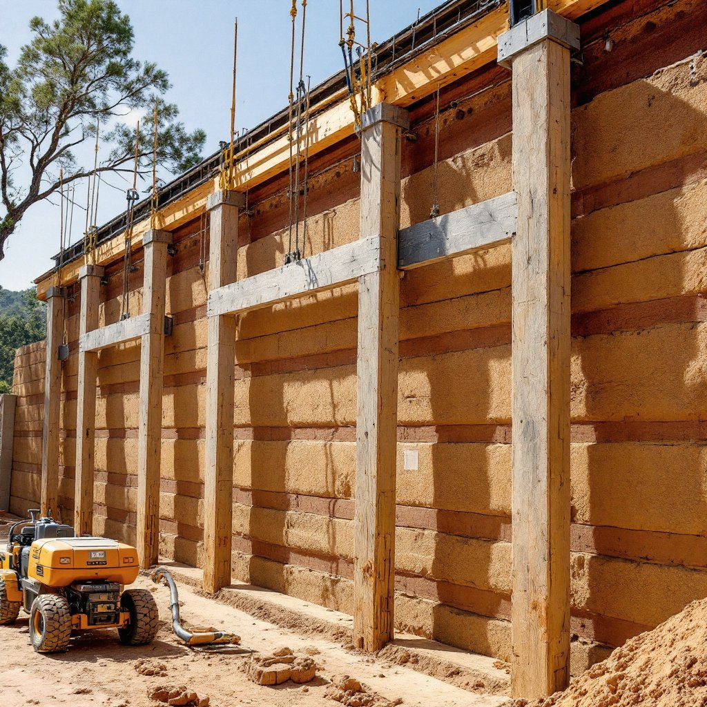 Rammed earth wall under construction with timber formwork and tamper